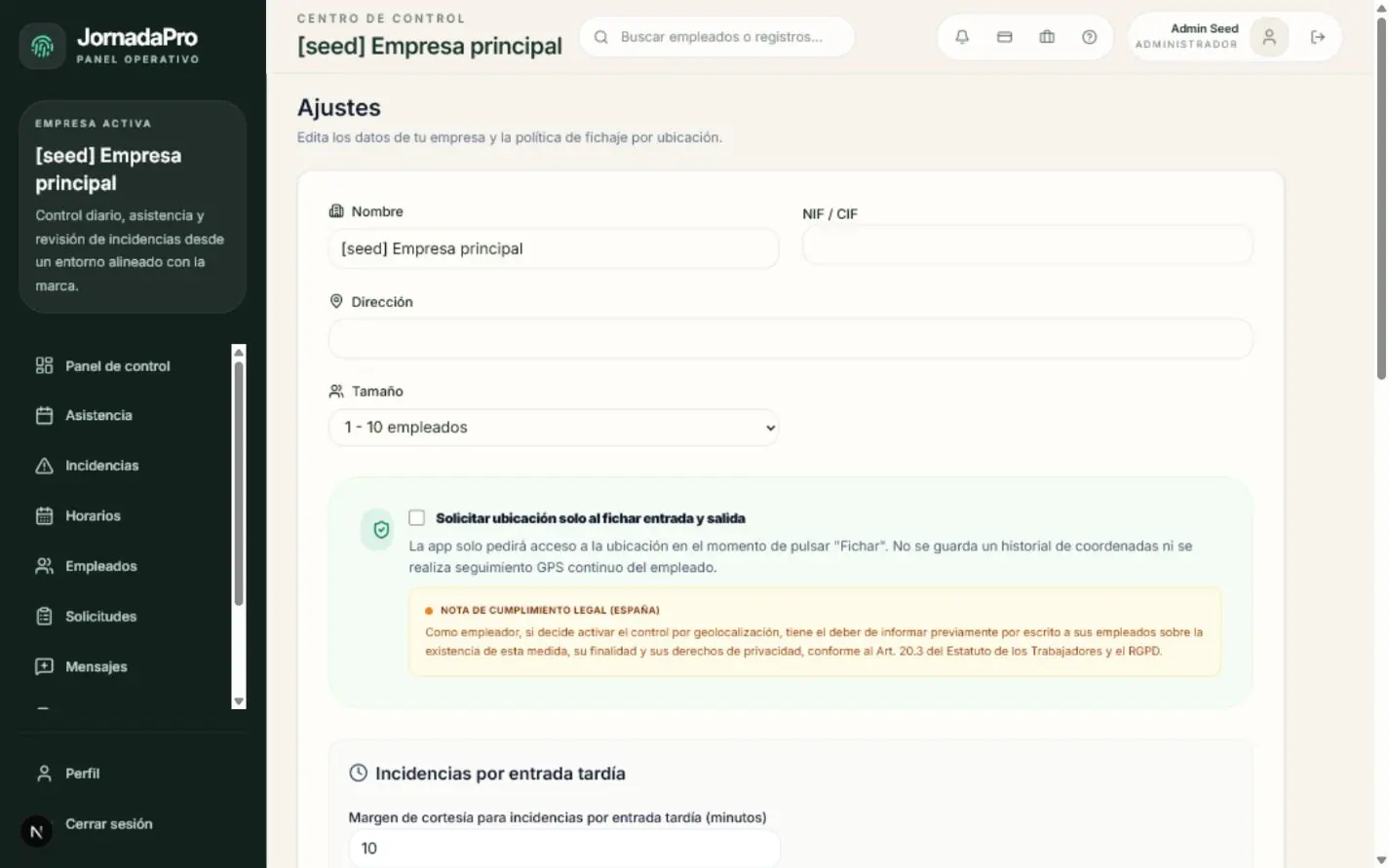 Ajustes reales de JornadaPro para solicitar ubicación solo al fichar