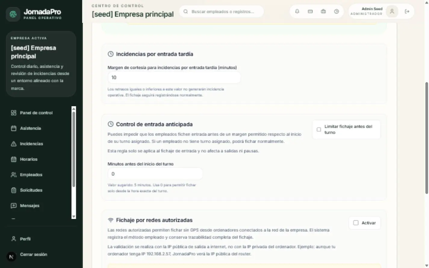 Ajustes reales de JornadaPro para validar fichajes desde redes autorizadas