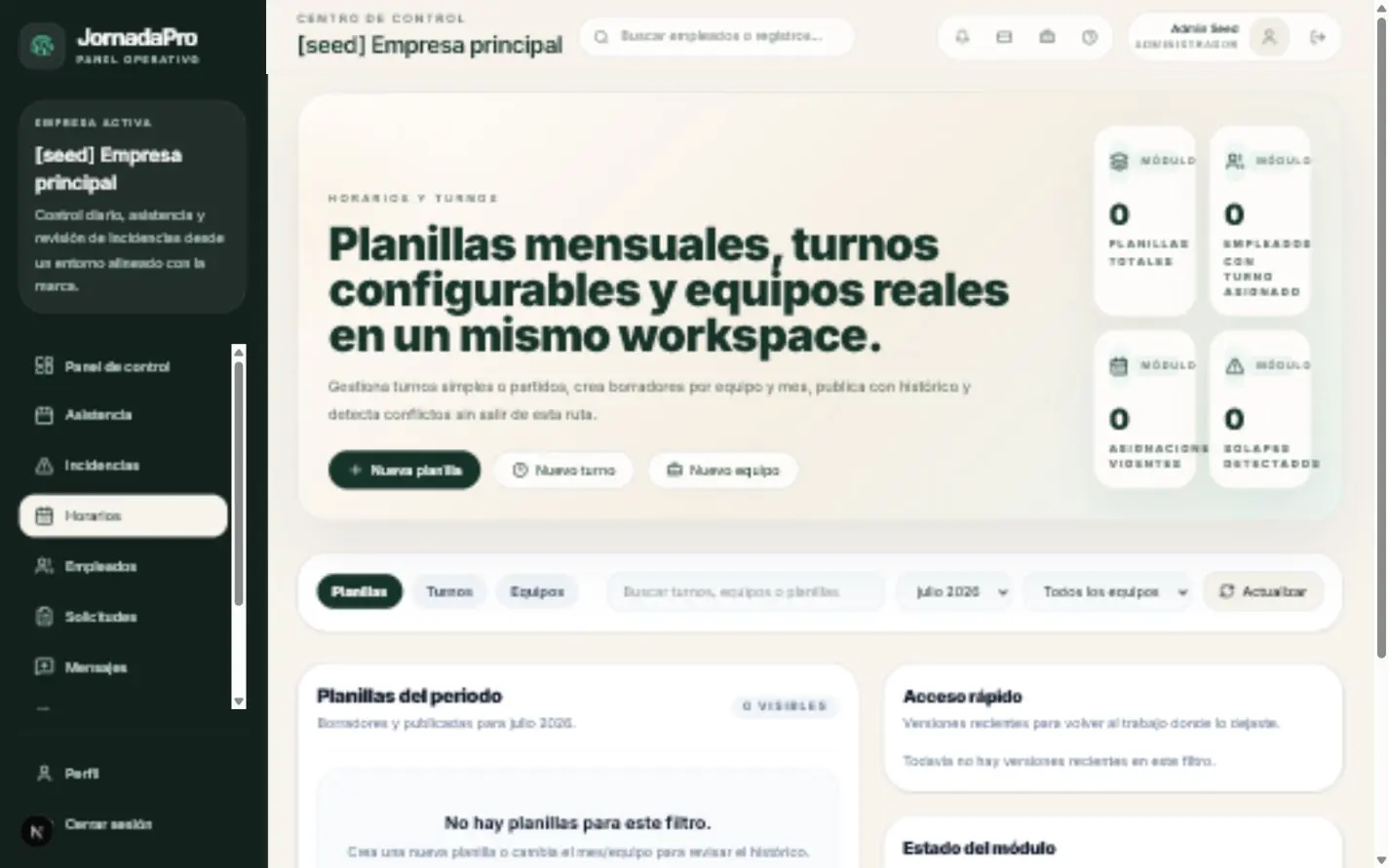 Pantalla real de JornadaPro para crear planillas mensuales, turnos y equipos